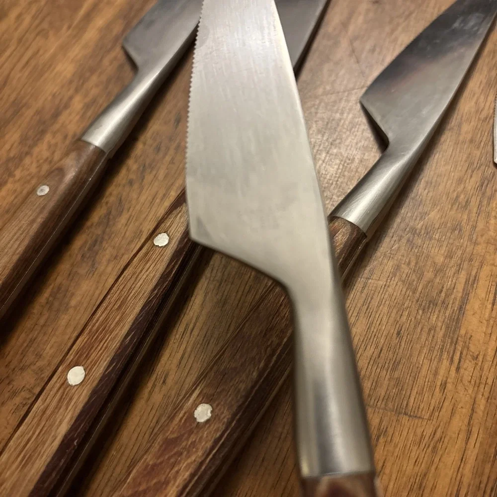 Vtg MCM Danish Raikou Silverware Knives Japan Stainless Wooden Handles Set Of 6